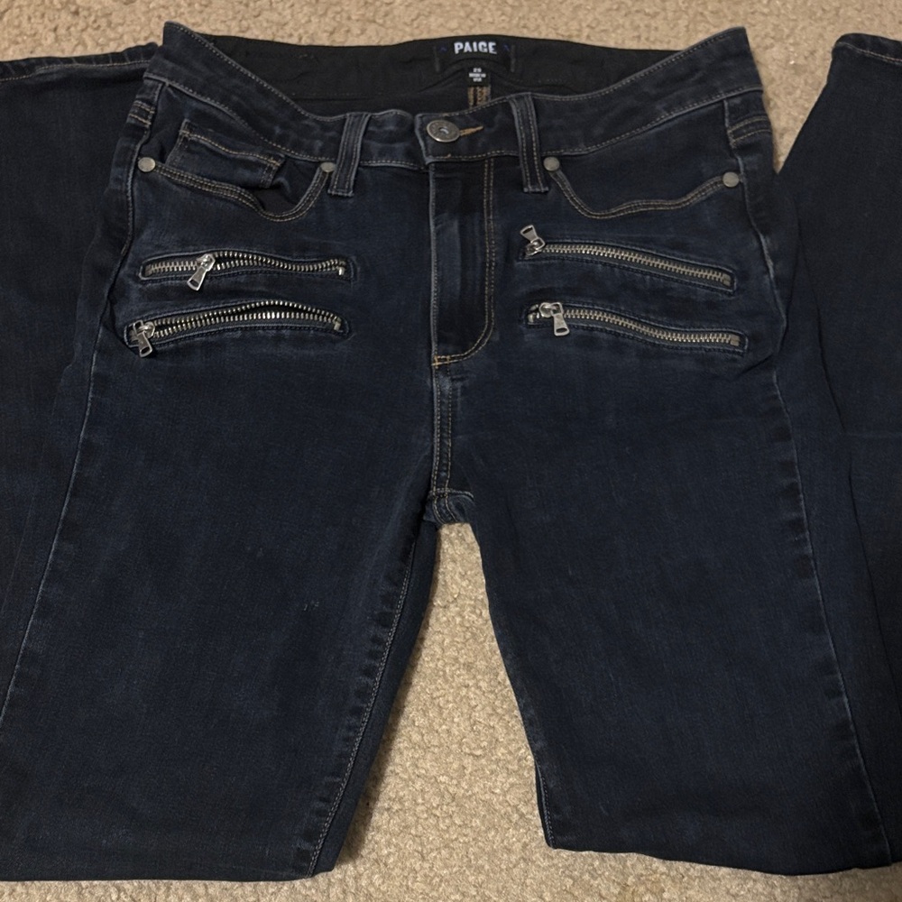 PAIGE Women's Dark Blue Skinny Jeans with Zipper Details